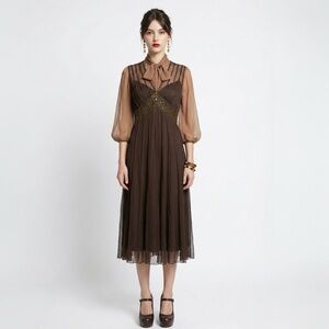 ECI Whimsigoth Dress Brown Beaded Sequin Sleeveless Mesh Retro Flapper Midi 8